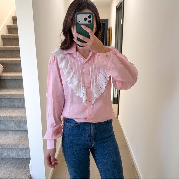 Panhandle Slim Tops - Vintage 80s Western Coquette Panhandle Pink Blouse Lace Cottagecore Gunne Sax S